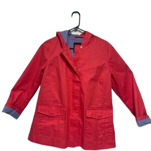 Talbots Coral Orange Utility Jacket w/ Hood Blue White Gingham Lining